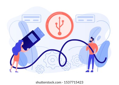 Businessman and woman choosing port to insert cable and USB symbol. USB connection, USB port standard, digital data communications concept. Pinkish coral bluevector isolated illustration