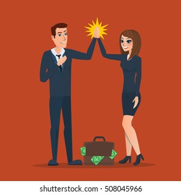 Businessman and woman clapping hands each other in partnership, supportive, cheerful, successful or corporation. Business cartoon. Vector creative color illustrations flat design in flat modern style.