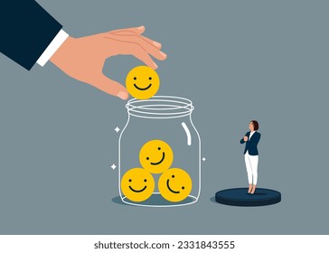 Empresario y mujer recolectan emoticonos graciosos y positivos en Glass Jar. Motivación laboral. La felicidad de los empleados, la satisfacción laboral, el beneficio de la empresa, la actitud positiva. Ilustración del vector 