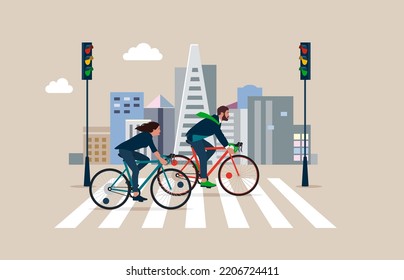 Businessman and woman Commuter with Bicycle Traveling to Work in City.  Crossing Road by Crosswalk with Zebra Markup. Flat vector illustration.