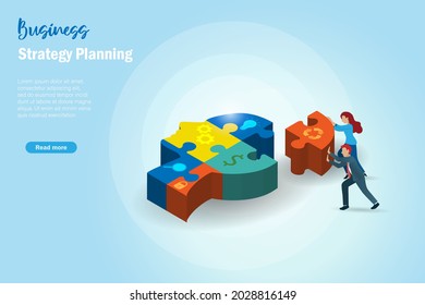 Businessman and woman connecting jigsaw puzzles missing piece with recycle icon in human head. Business strategy planning, problem solving, decision making concept. 