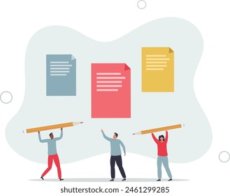 businessman and woman coworkers, colleagues holding pencil with sticky notes on the wall.flat vector illustration.