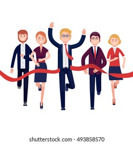 Businessman And Woman Crossing Finish Line And Tearing Red Ribbon Finishing First In A Business Market Competition Race. Modern Colorful Flat Style Vector Illustration Isolated On White Background.