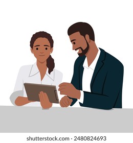 Businessman and woman discussing about sales on tab or analyze data for marketing plan. Flat vector illustration isolated on white background