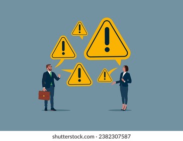 Businessman and woman are discussing incidents with exclamation attention sign. Problem, job no satisfaction, company lesion, negative attitude.