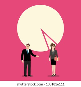 Businessman and woman discussion with pie chart as their heads. Vector illustration 