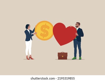 Businessman and woman Donate Money and Heart Charity, Social Aid, Donation Support, Volunteer Sponsorship Service, Volunteering Humanitarian Team. Vector Illustration.