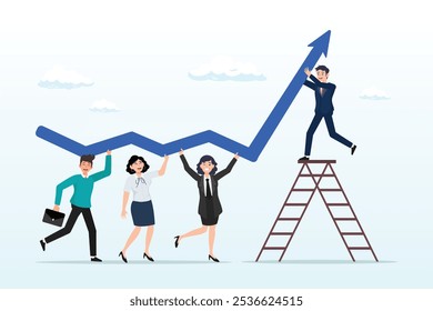 Businessman and woman employee team help grow rising arrow chart, growth strategy, team collaboration to grow business success, teamwork or partnership to develop or improve work efficiency concept