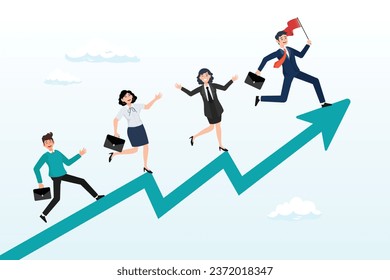 Businessman and woman employees running up performance graph and chart, performance management, employee rating appraisal or review, career growth or plan for improvement, career development (Vector)