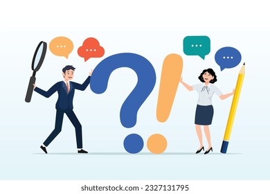 Businessman and woman with exclamation mark, question mark with speech bubble conversation, question and answer, FAQ, frequently asked questions or problem solving, solution or support idea (Vector)