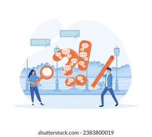 businessman and woman with exclamation mark, question mark with speech bubble conversation. flat vector modern illustration