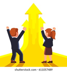 Businessman and woman executives celebrating startup success. Making winner and yes gestures raising hands with clenched fists up. Skyrocket business growth. Flat style vector illustration.