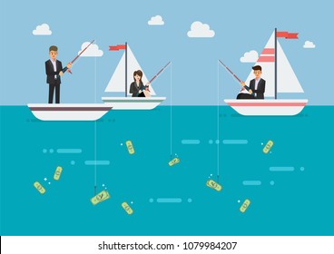 Businessman and woman fishing money. Business concept