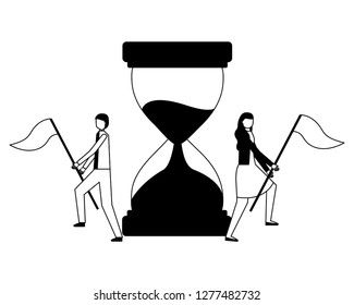 businessman and woman with flags and hourglass
