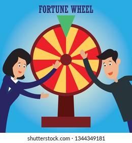 businessman and woman with fortune wheel for gambling concept. vector illustration