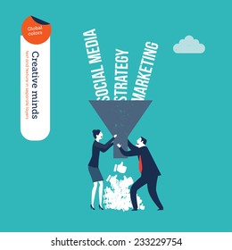 Businessman and woman with funnel and words. Vector illustration Eps10 file. Global colors. Text and Texture in separate layers.