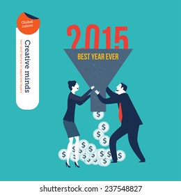 Businessman and woman with funnel with year 2015 and money. Vector illustration Eps10 file. Global colors. Text and Texture in separate layers.