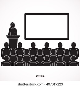 Businessman woman giving a presentation  standing next to a blank white board. 