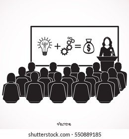 Businessman woman giving a presentation standing next to a board  ideas and innovation leading to success. vector illustration, 