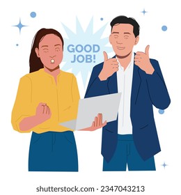 businessman woman giving thumbs up good job in flat illustration