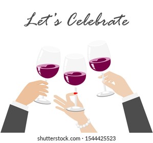 Businessman and woman hands toasting glass of red wine. Isolated on white background with copy space. Vector Illustration. Idea for festival, celebrated in special occasion. and business cooperation.