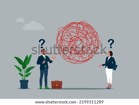 Businessman and woman have troubles with understanding each other. Problems in communication. Misunderstanding create confusion in work, miscommunicate unclear information. Vector illustration.