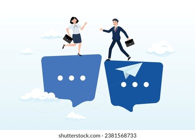 Businessman and woman having conversation on chat speech bubble, communication or work discussion, sending message or telling new idea, brainstorming to gather information and solution (Vector)