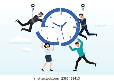 Businessman and woman help combine clock timer pieces, time or project management to control team to complete tasks or strategic planner to manage resources to complete work in deadline (Vector)