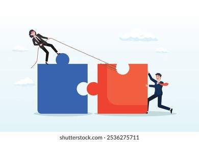 Businessman and woman help connect jigsaw puzzle, jigsaw puzzle connection, teamwork partnership to help solve problem or challenge, cooperation or brainstorm to fit and match jigsaw pieces concept