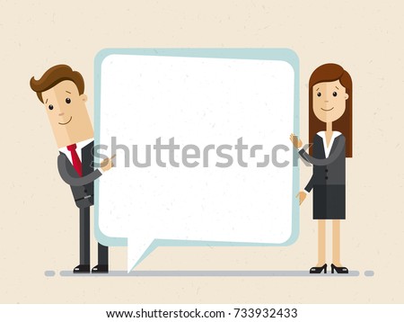 Businessman and woman hold speech bubble.  Vector, illustration, flat