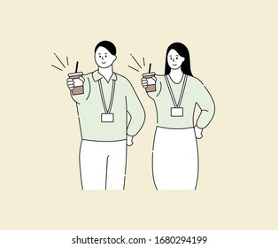 businessman and woman holding ice coffee illustration set. americano, break, takeout, caffeine. Vector drawing. Hand drawn style.