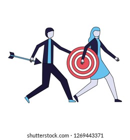 businessman and woman holding target and arrow