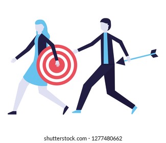 businessman and woman holding target and arrow