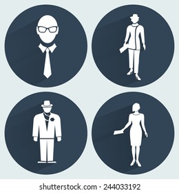 Businessman and woman icon set. Office worker symbol. Standing men and woman four white silhouettes on dark gray. Round circle flat icon with long shadow. Vector isolated.