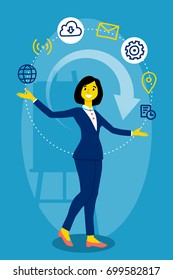 Businessman woman juggling icons. Business concept.