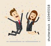 Businessman and woman jump with happiness together.  Business people jumping up celebrating success. Vector, flat