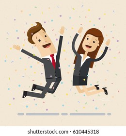 Businessman and woman jump with happiness together.  Business people jumping up celebrating success. Vector, flat