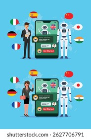 Businessman and woman learning different foreign languages with chat bot. Chat GPT. Artificial Intelligence. Vector illustration