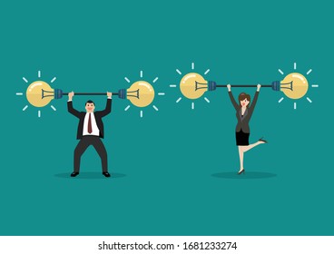 Businessman and woman lifting exercise with barbell idea weight. Business idea concept