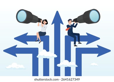 Businessman woman look through telescope and spyglass, vision to see success direction in uncertainty, change or leadership to make decision, planning or discovery challenge, search for opportunity