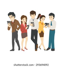 Businessman and woman looking at their phones , social addiction  , eps10 vector format