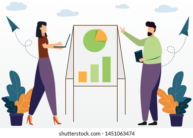 businessman and woman making a presentation in front of a board. Modern flat Design character vector illustration