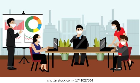 Businessman and woman meeting in modern office,wearing face mask,keep distance to protect from COVID-19 coronavirus. Idea for social distancing in business new normal life during COVID-19 pandemic