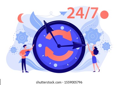 Businessman and woman near huge clock with round arrows working 24 7. 24 7 service, business time schedule, extended working hours concept. Pink coral blue vector isolated illustration