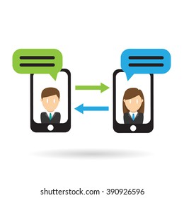 Businessman and woman on screen. mobile chat, social network concept