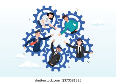 Businessman woman, people on gear cogwheel working together, team working together, teamwork, organization or employee collaboration for success, community or meeting agreement, cooperation (Vector)