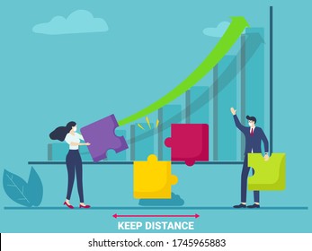 Businessman AND WOMAN WITH PUZZLES after pandemic covid-19 corona virus. New normal is social distancing and wearing mask. Flat design style vector concept.