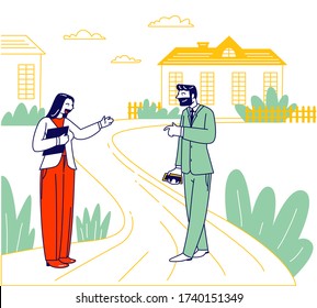 Businessman and Woman Real Estate Broker Agree House Tour Stand at Cottage Buildings at Countryside Area. Male Character with Smartphone in Hand Prepare to Buy House. Linear People Vector Illustration