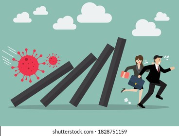 Businessman and woman running away from domino tiles falling in economic collapse from COVID-19 virus. Business Concept Vector illustration