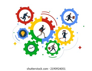 Businessman and woman running on cogwheel or gears rotate in sync to get work done. Teamwork collaborate to achieve business goal, team members help and support.